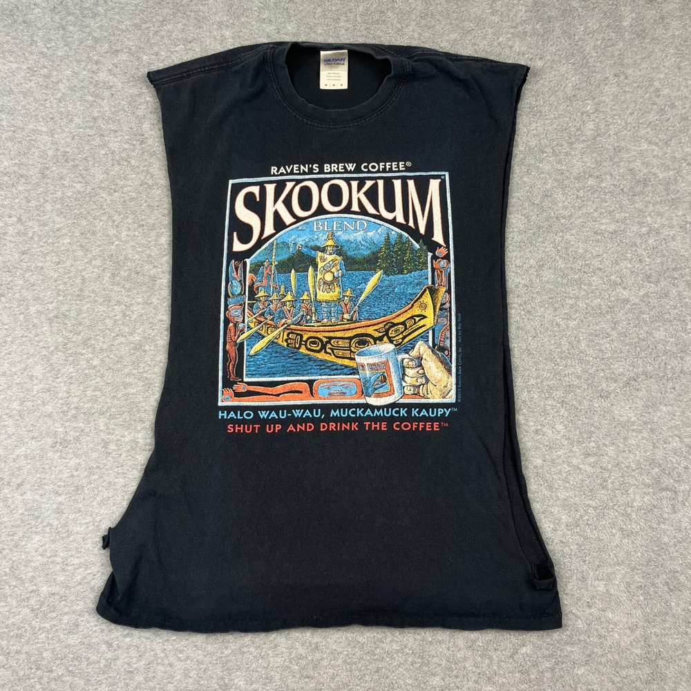 Gildan Muscle Tee Mens Medium Black Raven's Brew Coffee Skookum Blend Ray Troll